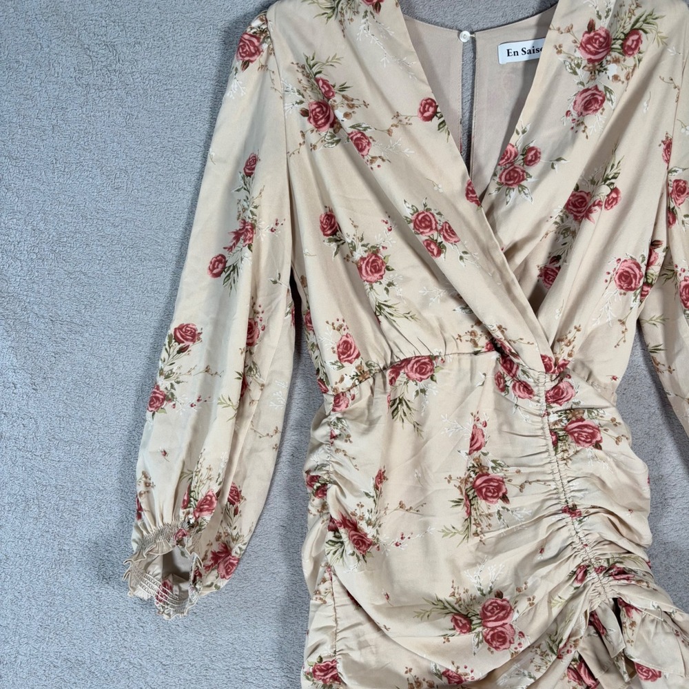 En Saison Floral Ruched Wrap Mini Dress Women's Size M‎ Beige Red Anthropologie - Picture 5 of 15